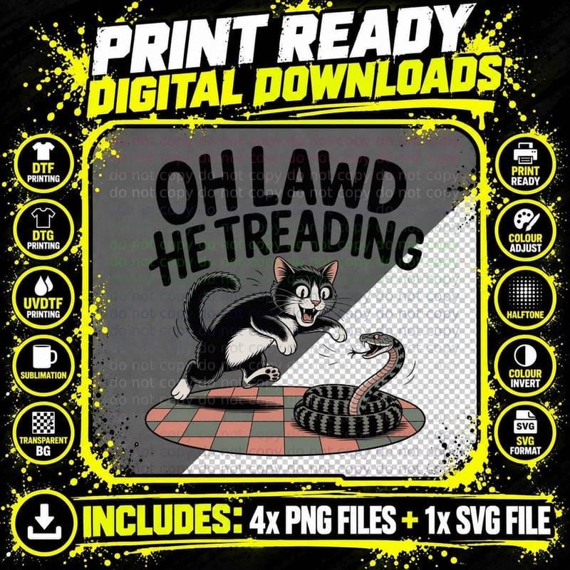 Oh Lawd He Treading Cat T-Shirt, Cat Chasing Snake on Png SVG Digital Bundle