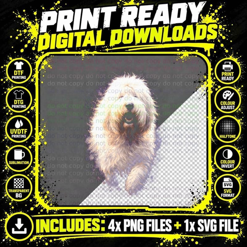 Old English Sheepdog T-Shirt, Halftone Purple Glow Png SVG Digital Bundle