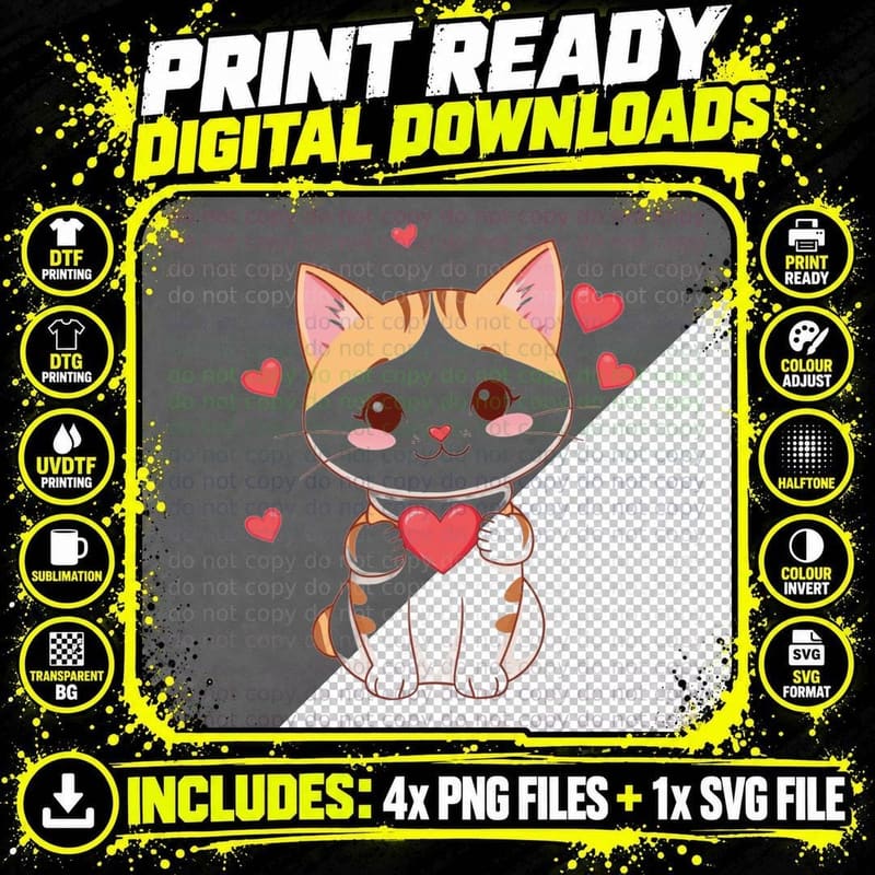 Orange Cat Heart and White Kitten Holding Red with Bow Png SVG Digital Bundle