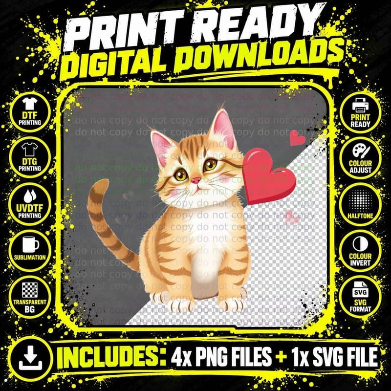 Orange Kitten Heart and White Holding Red Happy T-Shirt Png SVG Digital Bundle