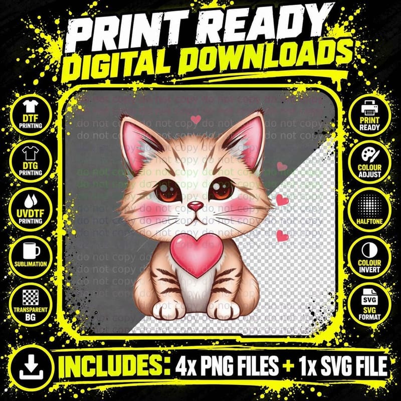 Orange Tabby Cat and White Kitten with Red Heart Happy Png SVG Digital Bundle