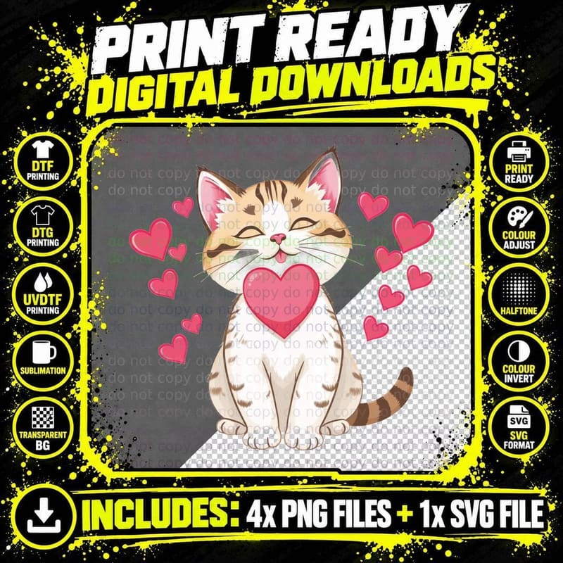 Orange Tabby Smiling and White Kitten Surrounded by Pink Png SVG Digital Bundle