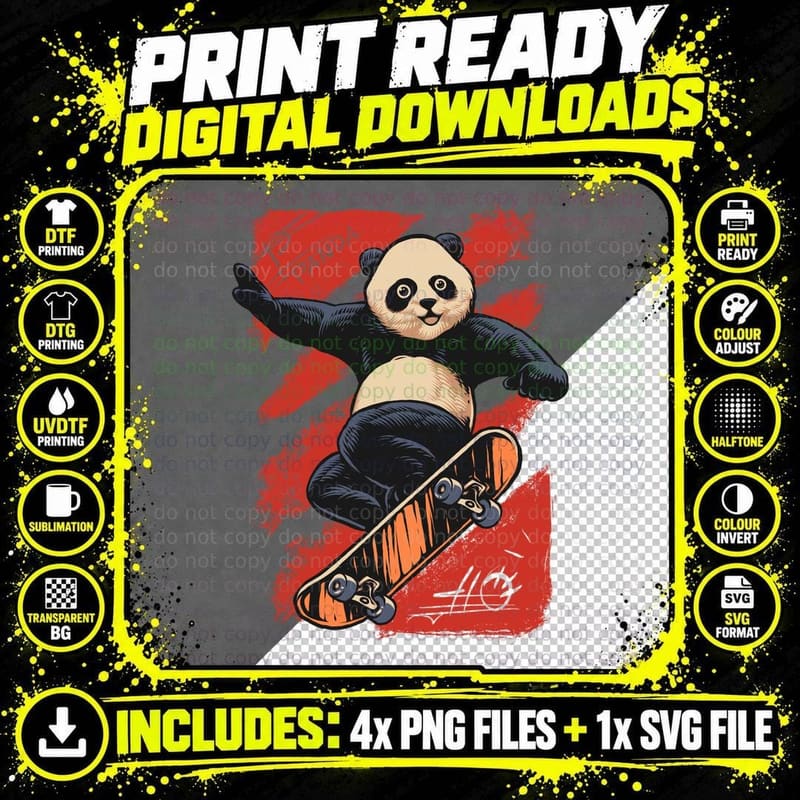 Panda Skateboard Orange Red Chinese Animal T-Shirt Png SVG Digital Bundle