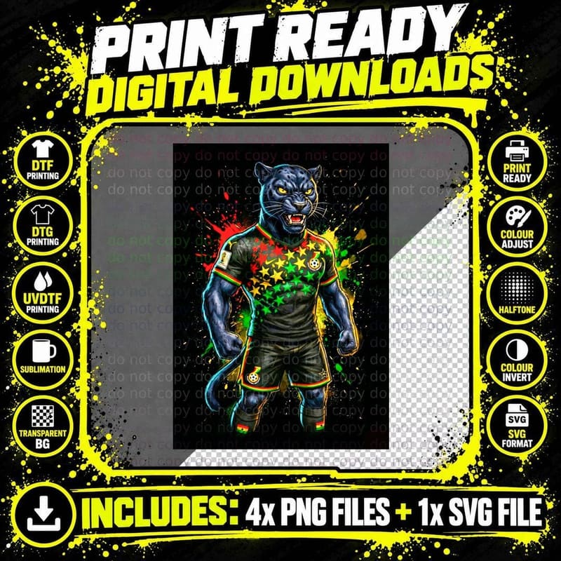Panther Black Big Cat Mascot Dark Ghana Jersey Coloured Png SVG Digital Bundle