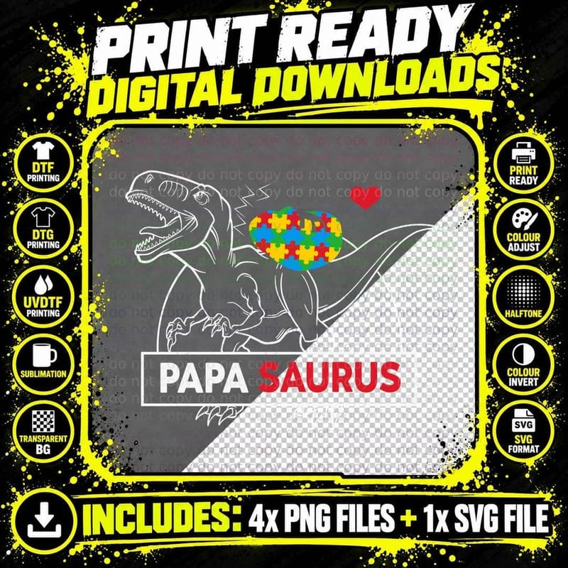 Papa Saurus Autism T-Shirt, Dinosaur Heart Autism Png SVG Digital Bundle