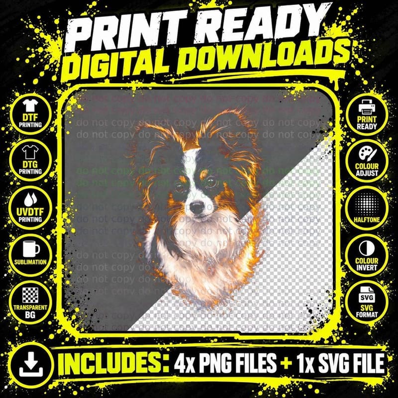 Papillon T-Shirt, Halftone Neon Papillon Dog Graphic Tee Png SVG Digital Bundle