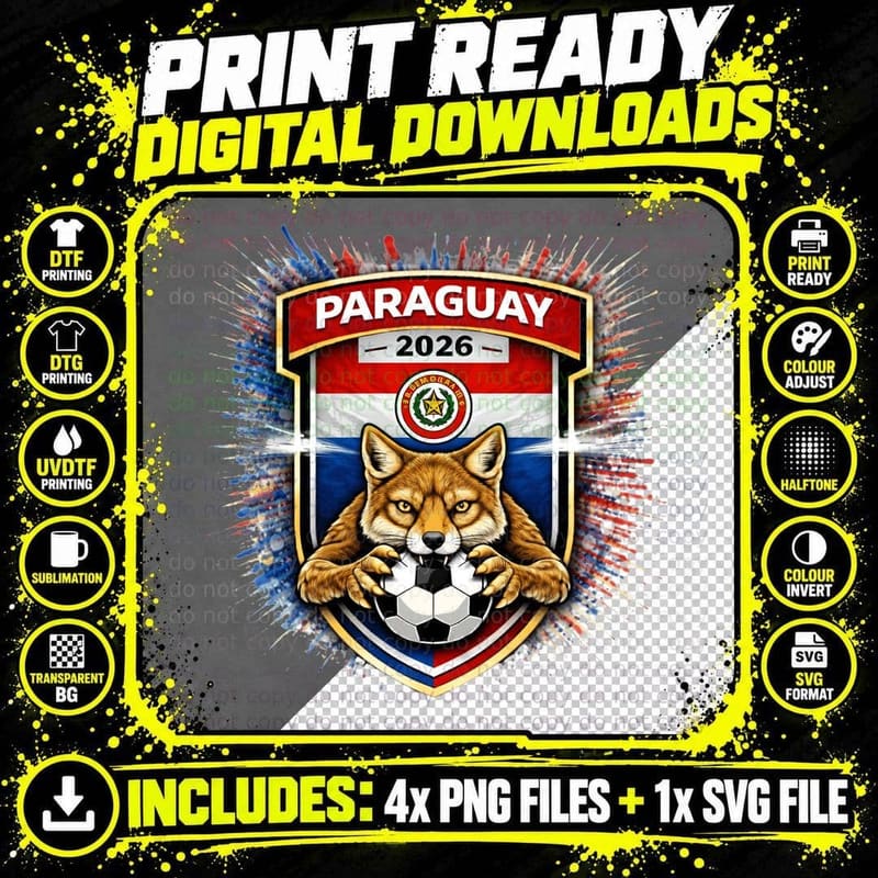 Paraguay 2026 Fox Mascot Shield Crest Flag Splatter Png SVG Digital Bundle