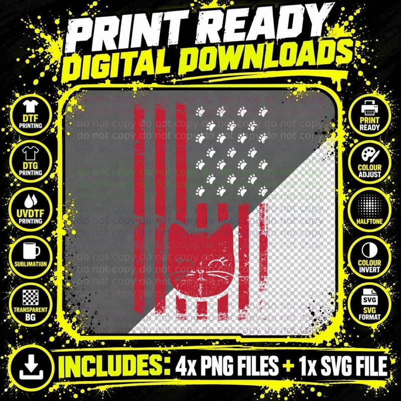 Patriotic Dog Paw Print Flag Cat T-Shirt Png SVG Digital Bundle