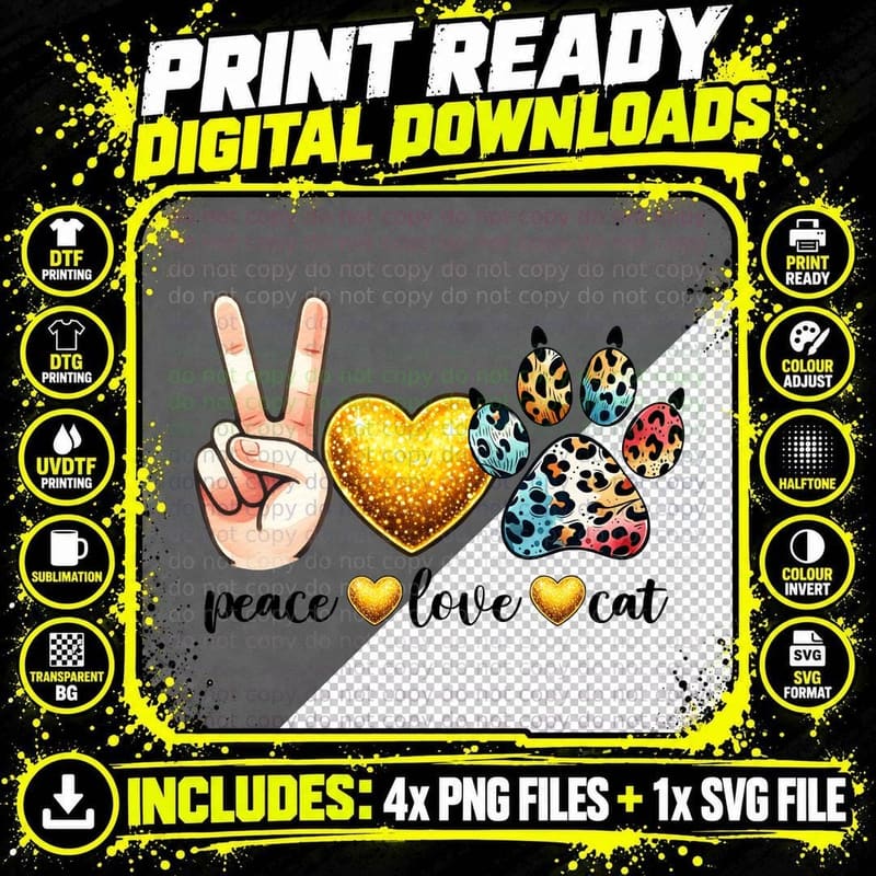 Peace Love Cat T-Shirt, Peace Love Cat Paw Print Graphic Png SVG Digital Bundle