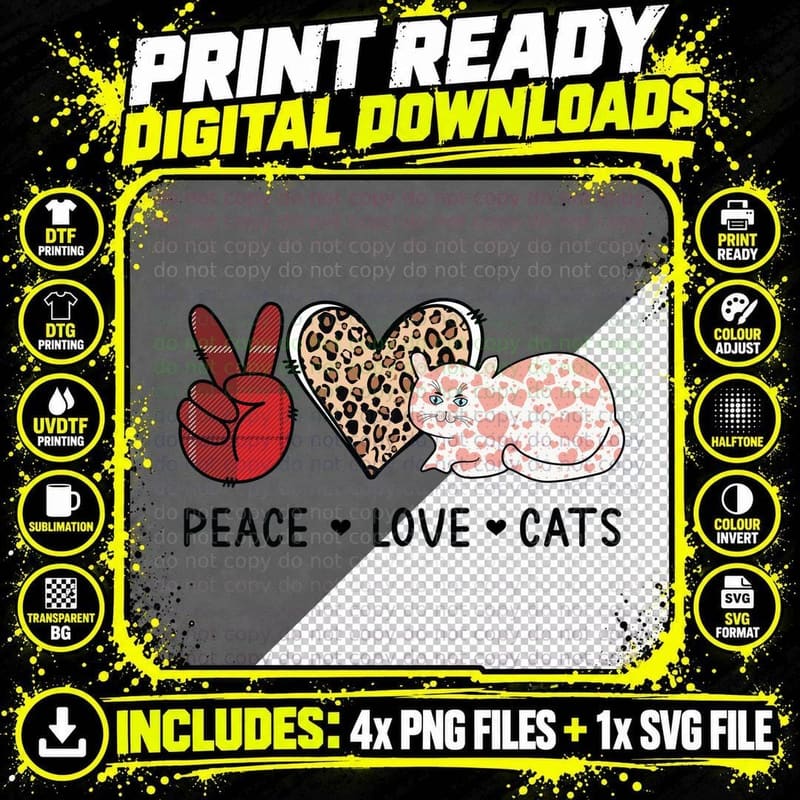 Peace Love Cats Sign Heart Cat Face Pet T-Shirt Png SVG Digital Bundle