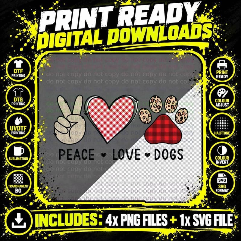 Peace Love Dogs Sign Heart Paw Print Dog Lover T-Shirt Png SVG Digital Bundle
