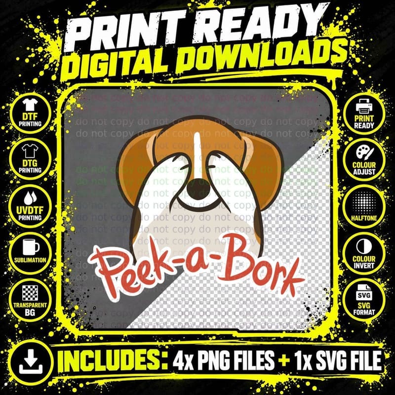 Peek-A-Bork Brown-White Dog Character Happy Expression Png SVG Digital Bundle