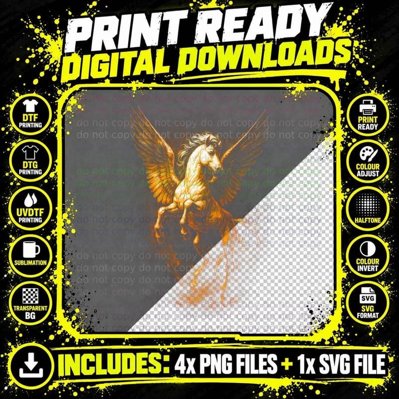 Pegasus Horse T-Shirt, Halftone Greek Mythology Winged Png SVG Digital Bundle