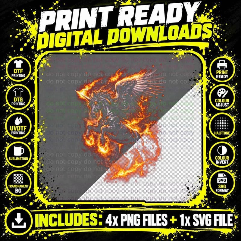 Pegasus T-Shirt, Halftone Fire Winged Pegasus Graphic Png SVG Digital Bundle