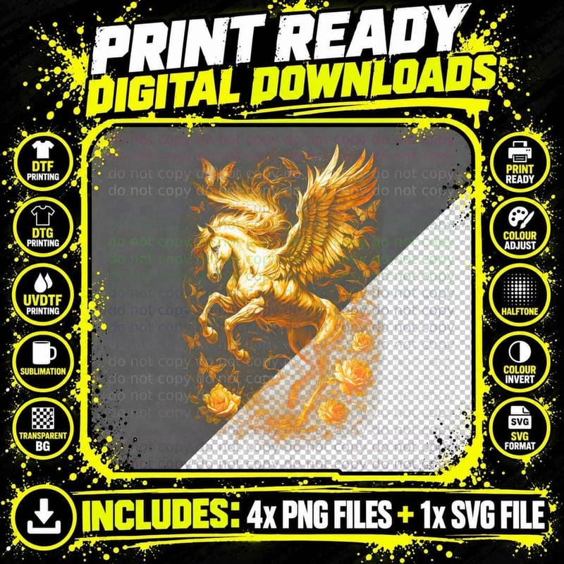 Pegasus Wings T-Shirt, Halftone Greek Mythical Horse Png SVG Digital Bundle