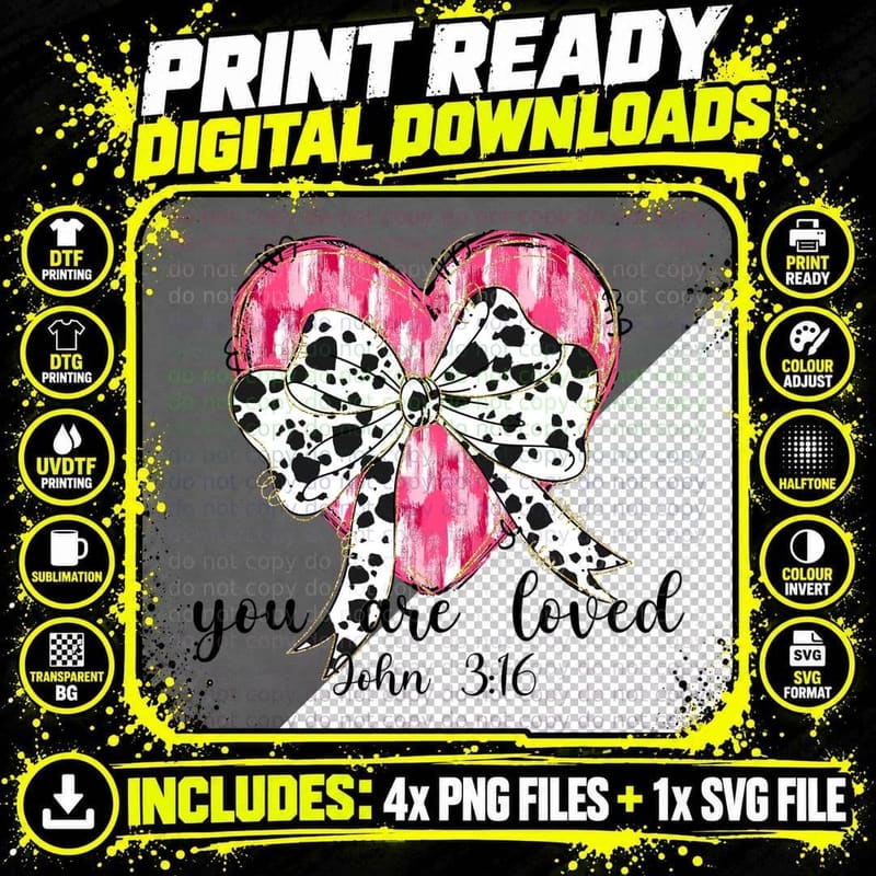 Pink Cow Bow You Are Loved John 3 16 Black and White Png SVG Digital Bundle