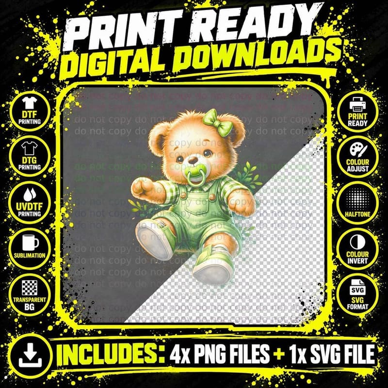 Pink Dress Smiling Bear T-Shirt, Halftone Cute Teddy Png SVG Digital Bundle