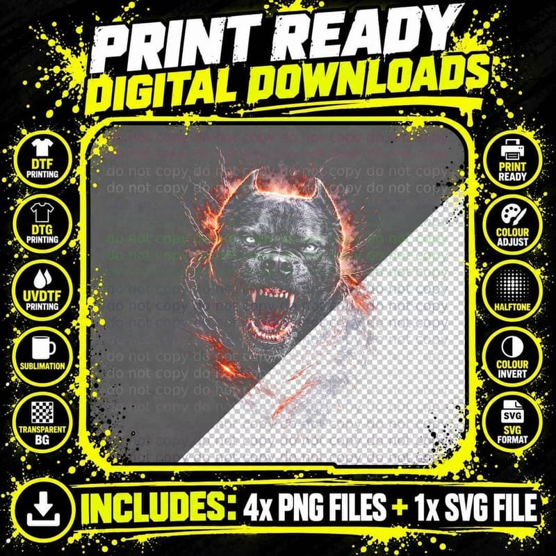 Pit Bull T-Shirt, Halftone Chained Fire Pitbull Graphic Png SVG Digital Bundle
