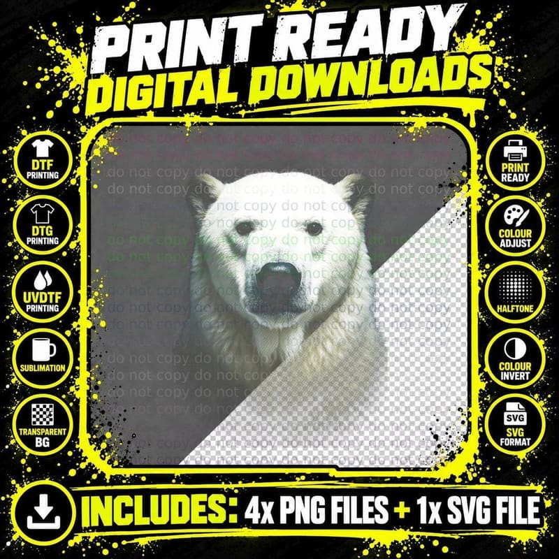 Polar Bear T-Shirt, Halftone Polar Bear Portrait Graphic Png SVG Digital Bundle
