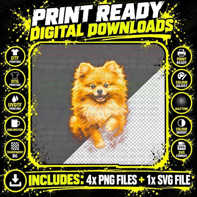 Pomeranian T-Shirt, Halftone Golden Flame Pomeranian Png SVG Digital Bundle