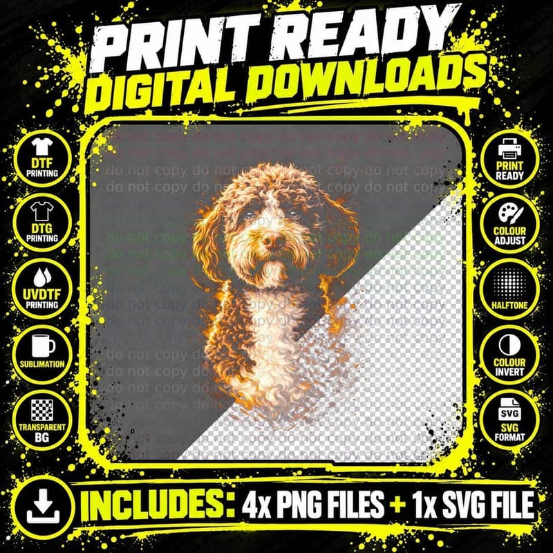 Poodle T-Shirt, Halftone Golden Fire Poodle Graphic Tee Png SVG Digital Bundle
