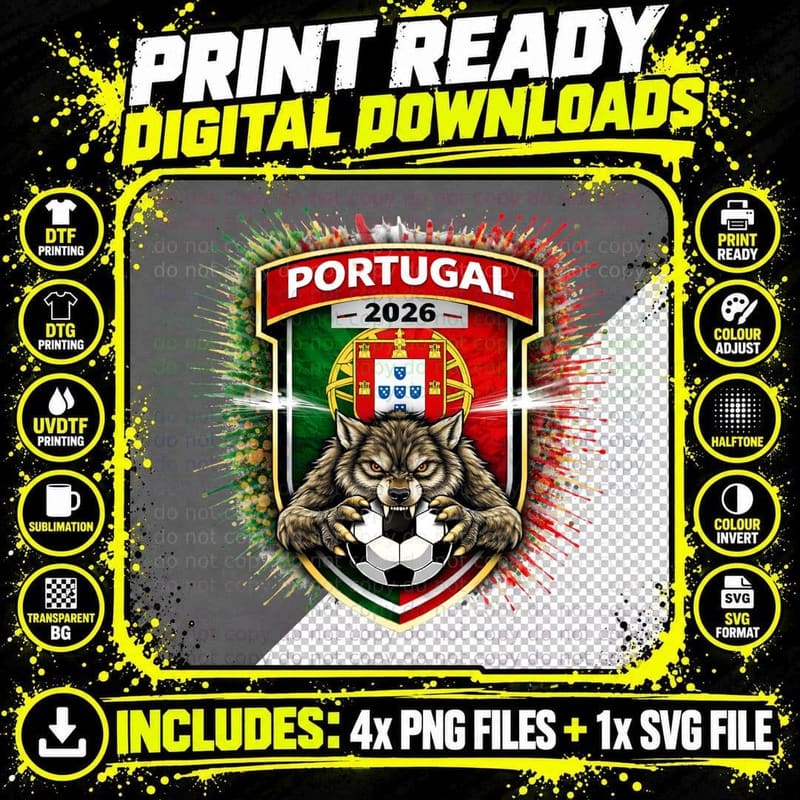Portugal 2026 Wolf Mascot Shield Crest Flag Splatter Png SVG Digital Bundle