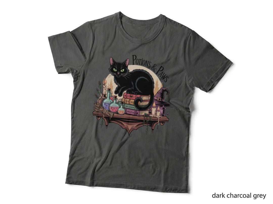 Potions & Paws Cat T-Shirt, Black Cat on Books with Potions Graphic Tee