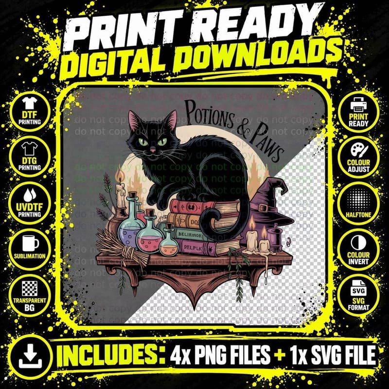Potions & Paws Cat T-Shirt, Black Cat on Books with Png SVG Digital Bundle