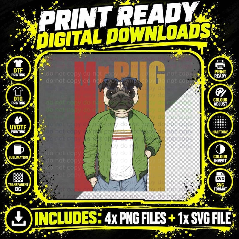 Pug Dog Green Jacket Animal Streetwear T-Shirt Png SVG Digital Bundle
