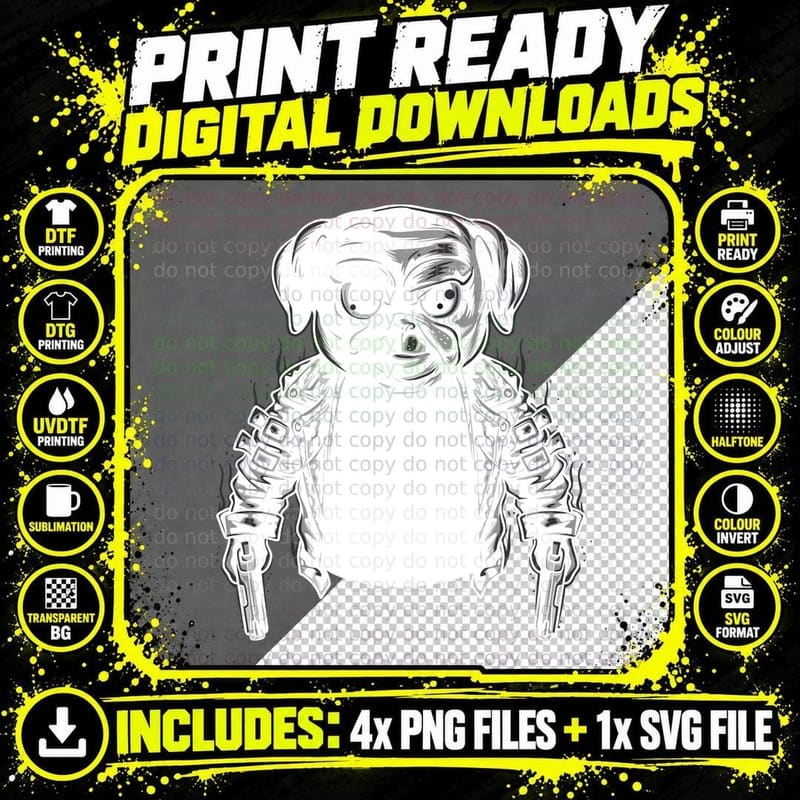Pug Gangster Dog Black Guns Revolvers Tough Aggressive Png SVG Digital Bundle