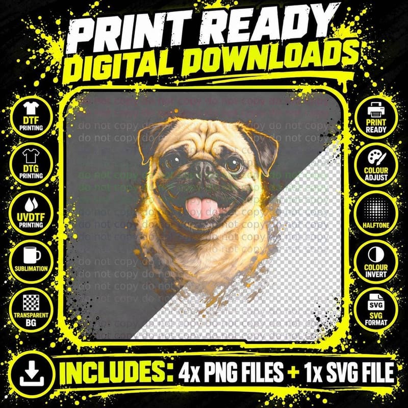 Pug T-Shirt, Halftone Fire Pug Graphic Tee Png SVG Digital Bundle