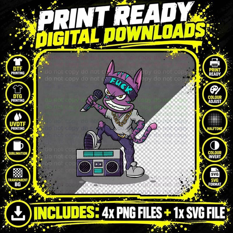 Purple Cat Demon Fuck Devil Character Microphone Boombox Png SVG Digital Bundle