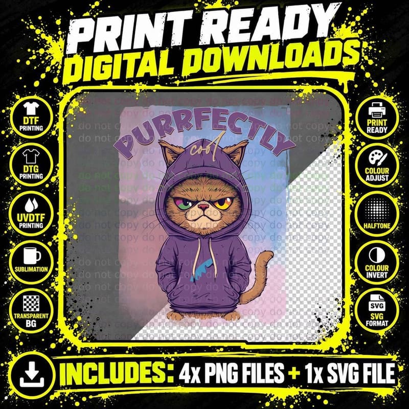 Purrfectly Cool Cat T-Shirt, Cool Cat in Hoodie Graphic Png SVG Digital Bundle