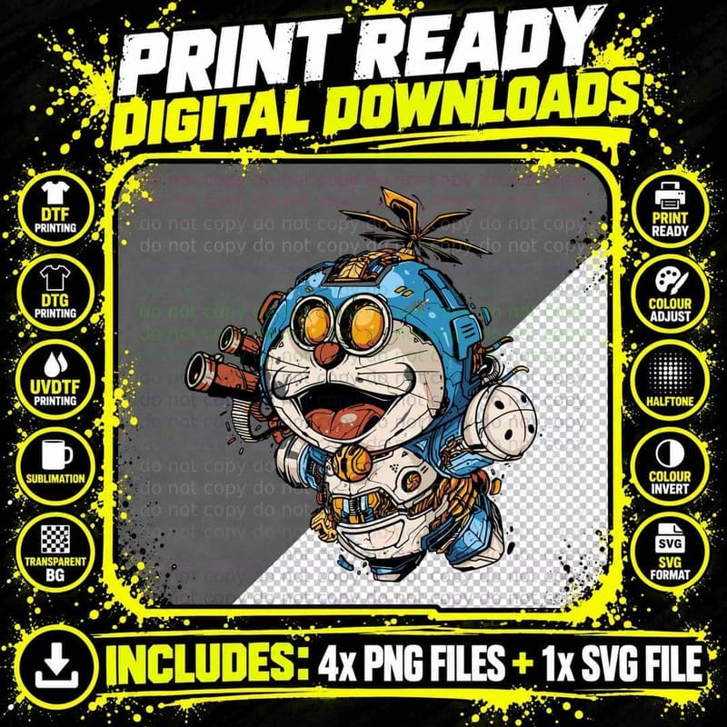 Random Blue Orange Cat Robot Mechanical T-Shirt Png SVG Digital Bundle