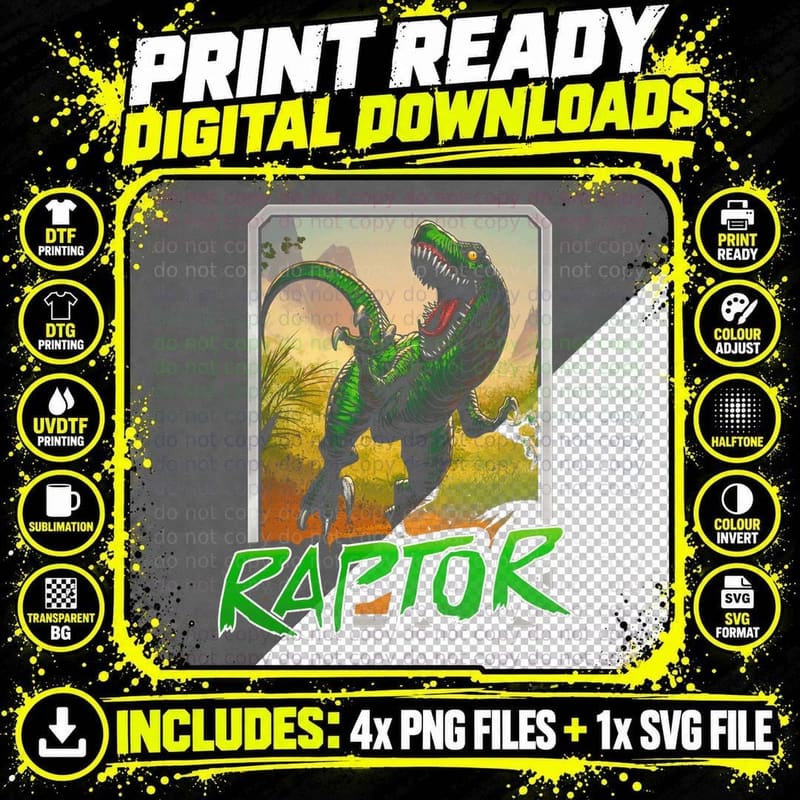 Raptor Green Dinosaur Animal Character T-Shirt Png SVG Digital Bundle