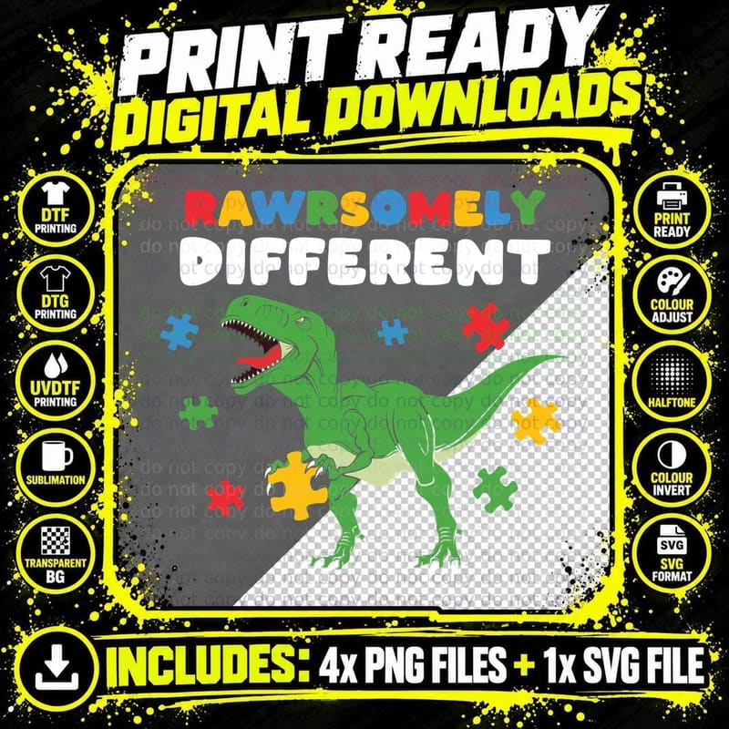 Rawrsomely Different Autism T-Shirt Png SVG Digital Bundle