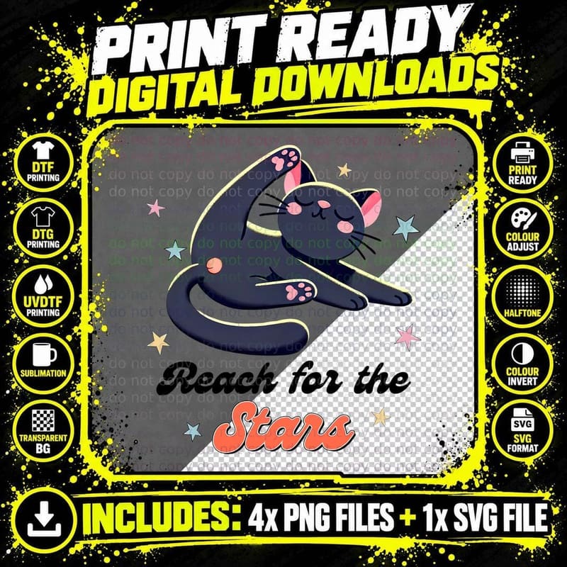 Reach for the Stars Cat T-Shirt, Sleeping Cat Surrounded Png SVG Digital Bundle