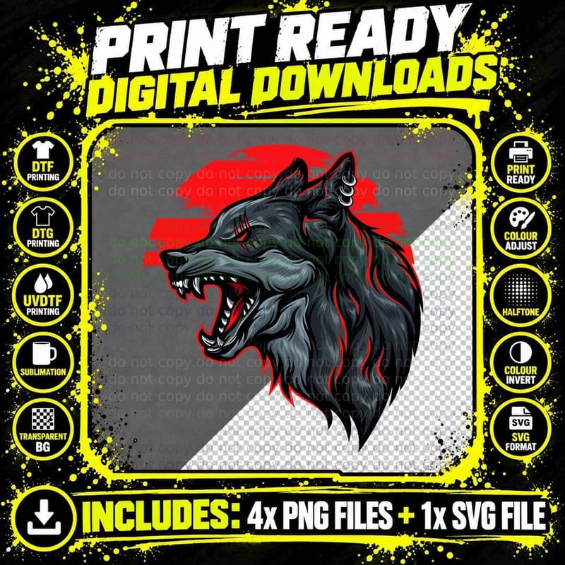 Red Black Aggressive Wolf Demon Distressed T-Shirt Png SVG Digital Bundle