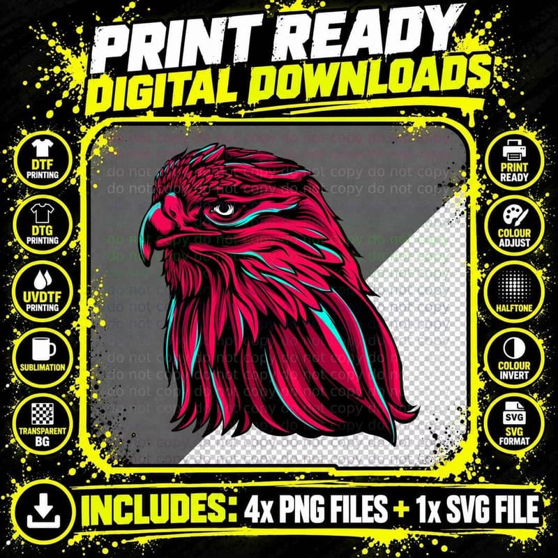Red Eagle Bird Cyan Stripes Bold Retro T-Shirt Png SVG Digital Bundle
