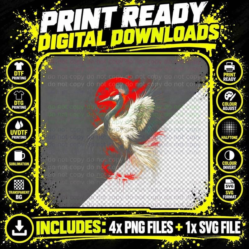 Red-Crowned Crane T-Shirt, Halftone Asian Crane Red Sun Png SVG Digital Bundle