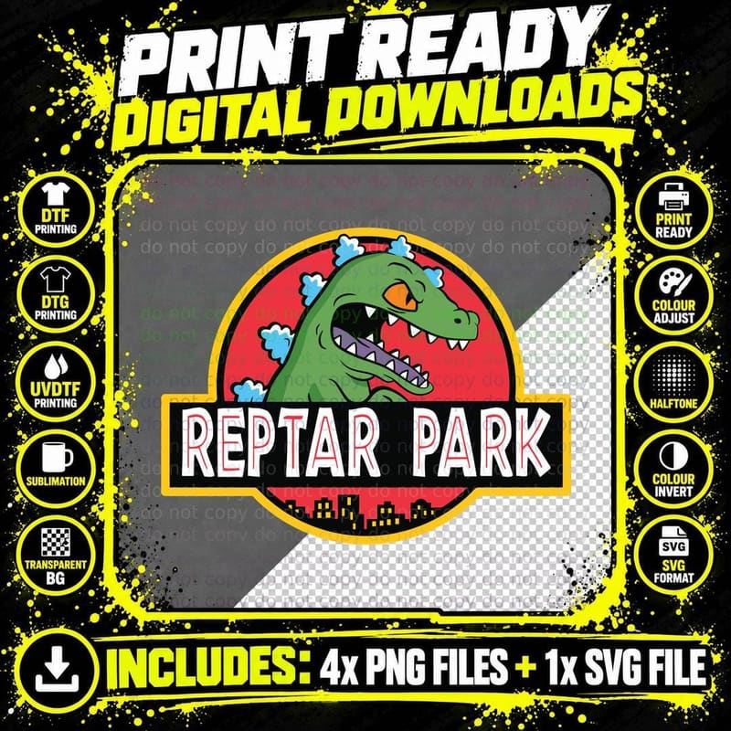 Reptar Park Green Roaring Dinosaur Red Circle Badge Png SVG Digital Bundle