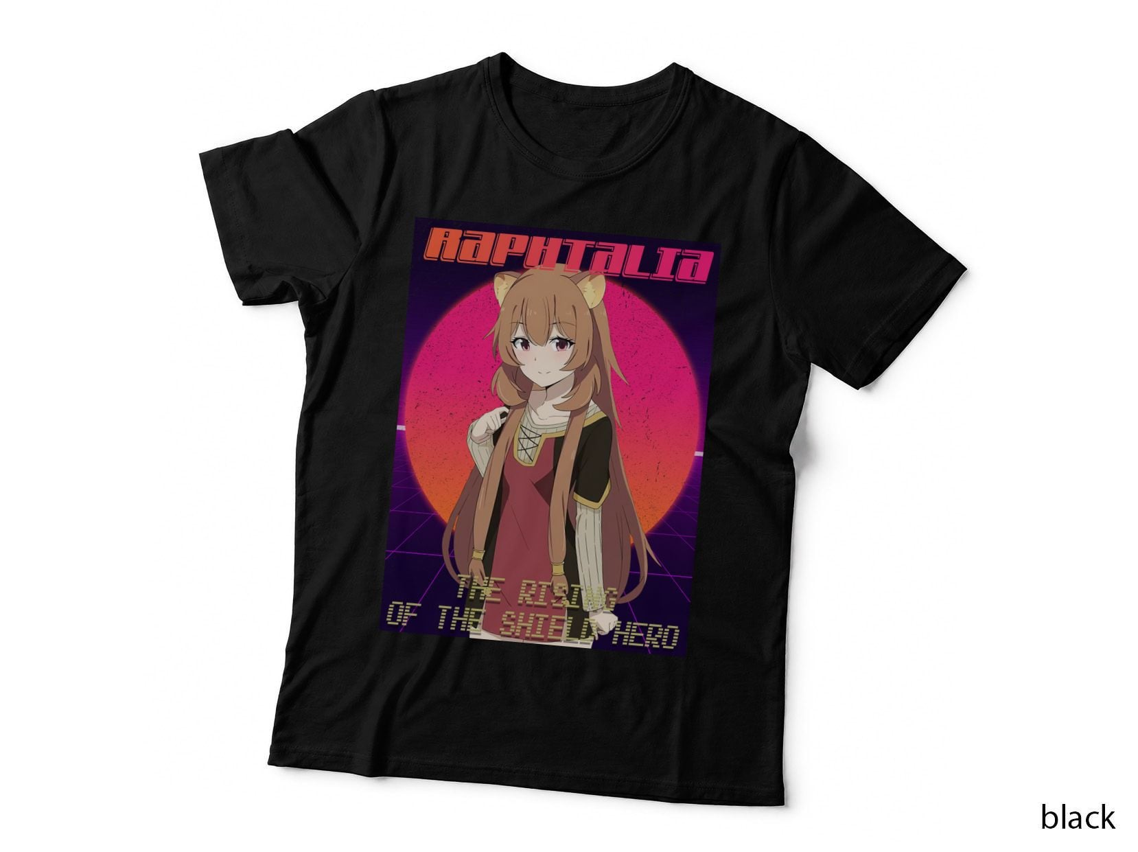 Rising Shield Hero Raphalia Japanese Text Brown Cat Ears Neon Sunset T-Shirt