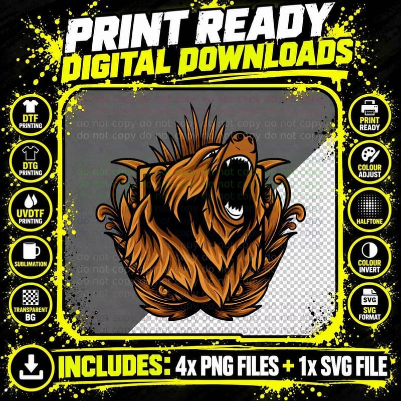 Roaring Bear Head Orange Fire Wild T-Shirt Png SVG Digital Bundle