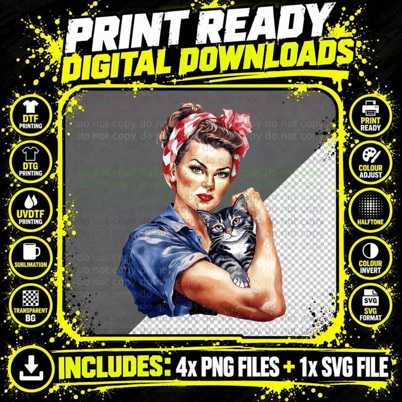 Rosie the Riveter Cat T-Shirt, Strong Woman Holding Cat Png SVG Digital Bundle