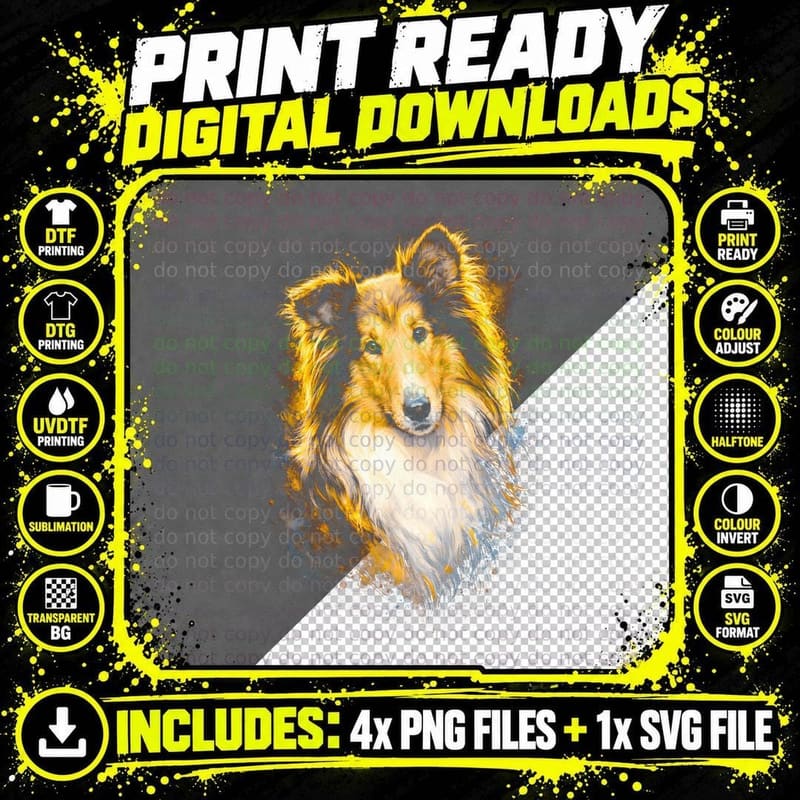 Rough Collie T-Shirt, Halftone Gold Flame Collie Graphic Png SVG Digital Bundle