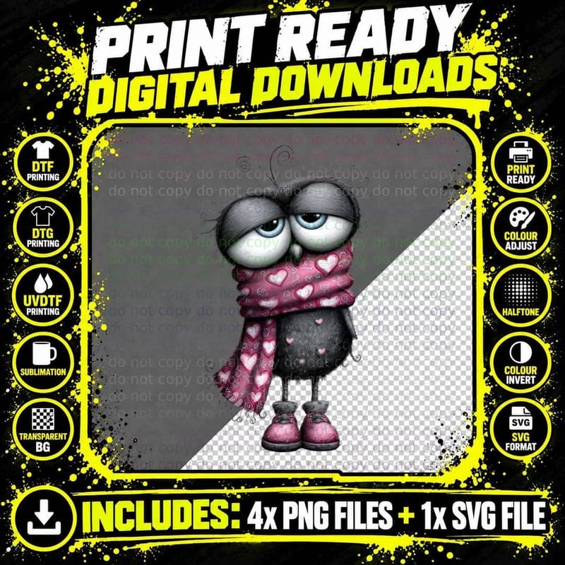 Sad Bird Black with Pink Heart Scarf Cute T-Shirt Png SVG Digital Bundle