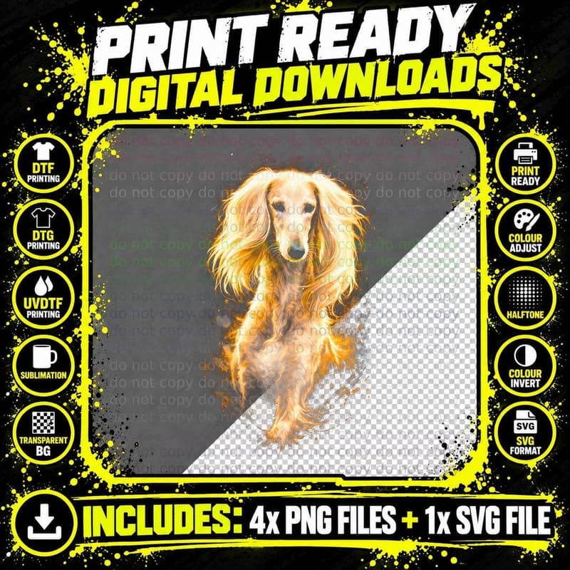 Saluki T-Shirt, Halftone Fire Saluki Dog Graphic Tee Png SVG Digital Bundle