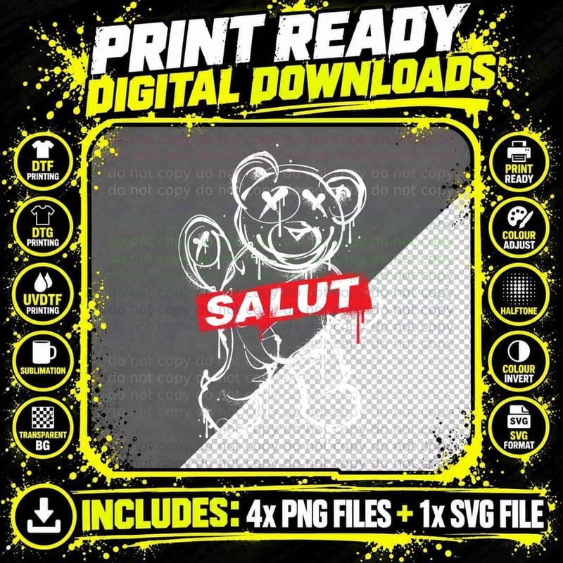 Salut Bear Outline White Sketch Streetwear T-Shirt Png SVG Digital Bundle