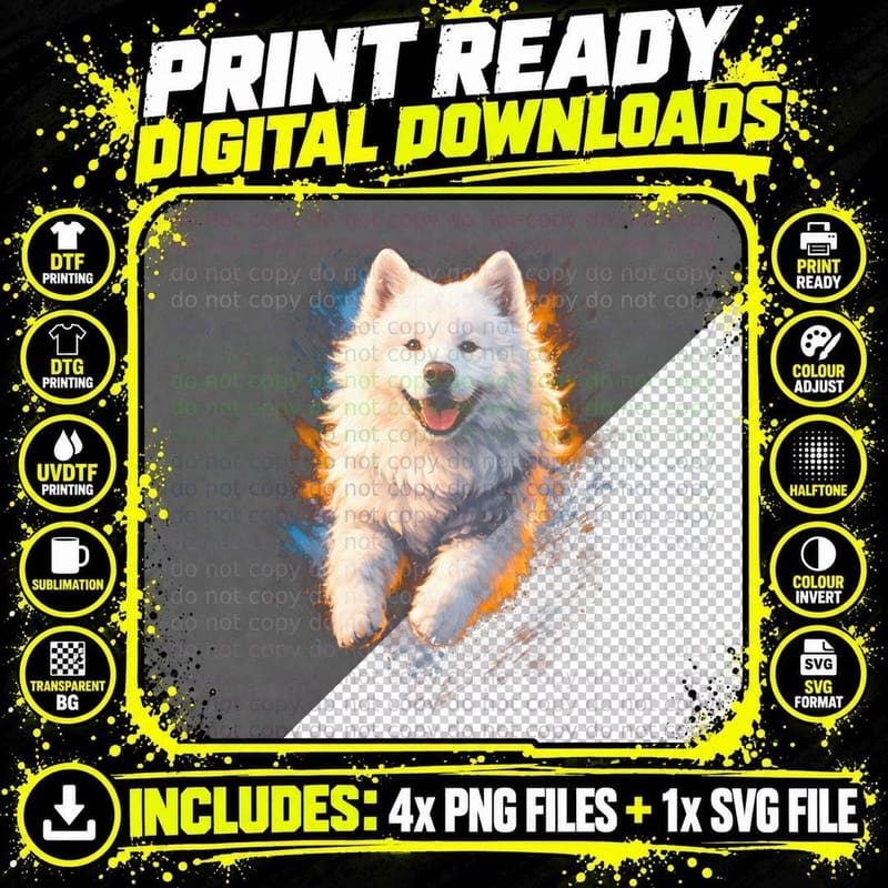 Samoyed T-Shirt, Halftone Fire Spark Samoyed Graphic Tee Png SVG Digital Bundle