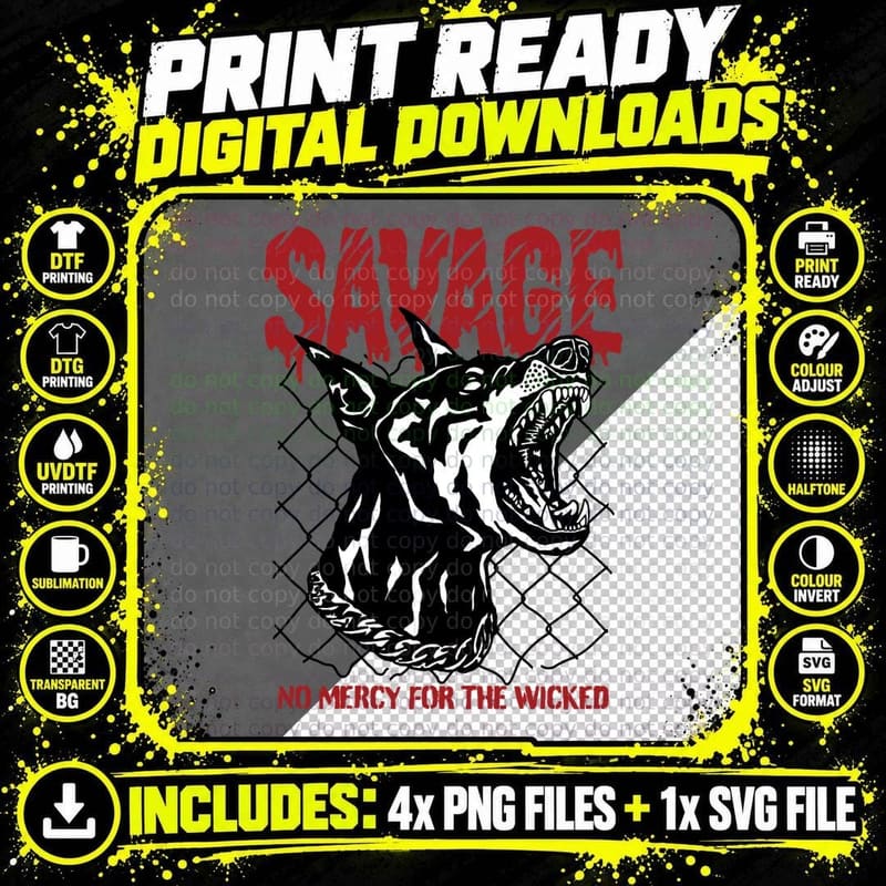 Savage No Mercy for the Wicked Wolf Beast Distressed Red Png SVG Digital Bundle